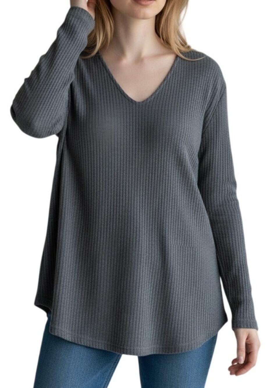 Shein Women's Small Solid Gray Long Sleeve V-Neck Lightweight Top
